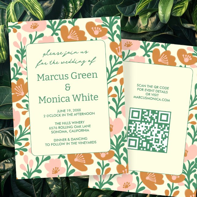 Wildblume Reben Rosa Graue QR Code WEDD Einladung (Wildflower Vines Pink Green Custom QR Code WEDDING Invitation
)