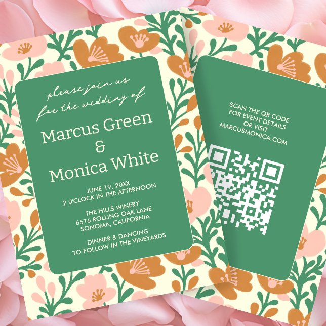 Wildblume Reben Rosa Graue QR Code WEDD Einladung (Wildflower Vines Pink Green Custom QR Code WEDDING Invitation
)