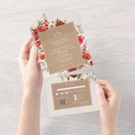 Wildblume Red Floral Cardstock Wedding RSVP QR All In One Einladung