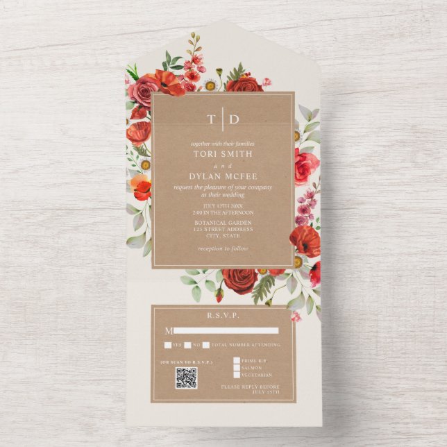 Wildblume Red Floral Cardstock Wedding RSVP QR All In One Einladung (Innen Boden)