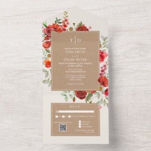 Wildblume Red Floral Cardstock Wedding RSVP QR All In One Einladung