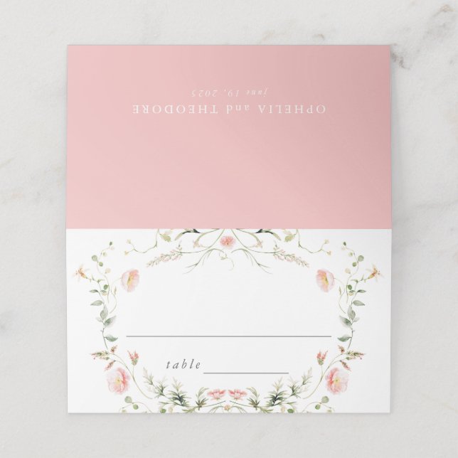 Wildblume Rosa Wasserfarbe Elegante Hochzeit Platzkarte (Außenseite Aufgefaltet)
