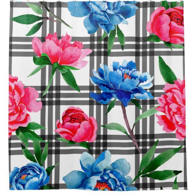 Wildblume Rot und Blau Blume Muster in Duschvorhang (Vorderseite)