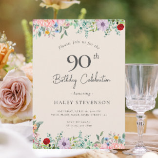 Wildblume Rustic Boho 90. Geburtstag Einfache Beig Einladung