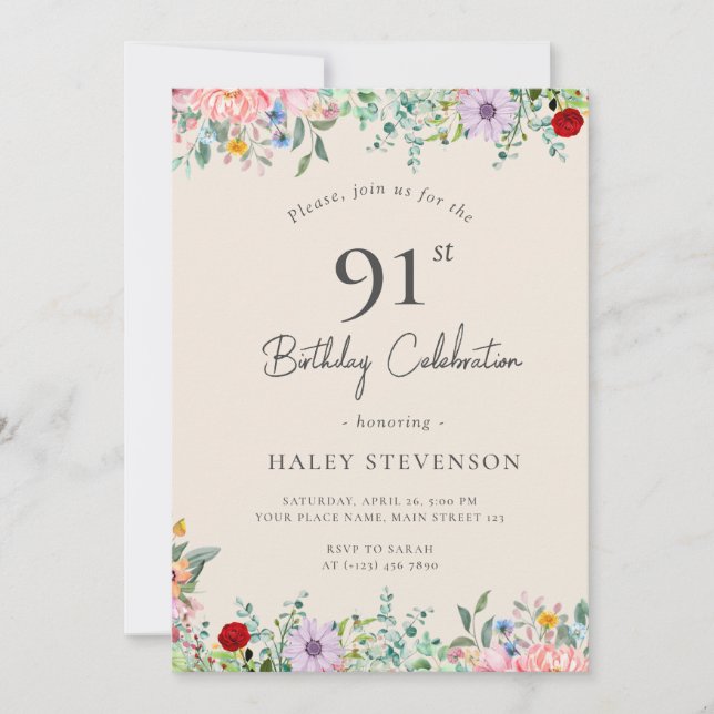 Wildblume Rustic Boho 91. Geburtstag Einfache Beig Einladung (Vorderseite)
