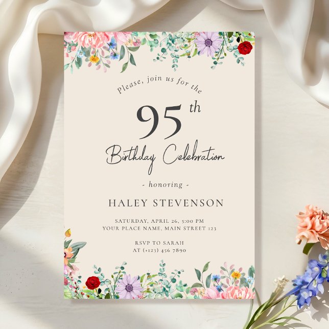 Wildblume Rustic Boho 95. Geburtstag Einfache Beig Einladung (Von Creator hochgeladen)
