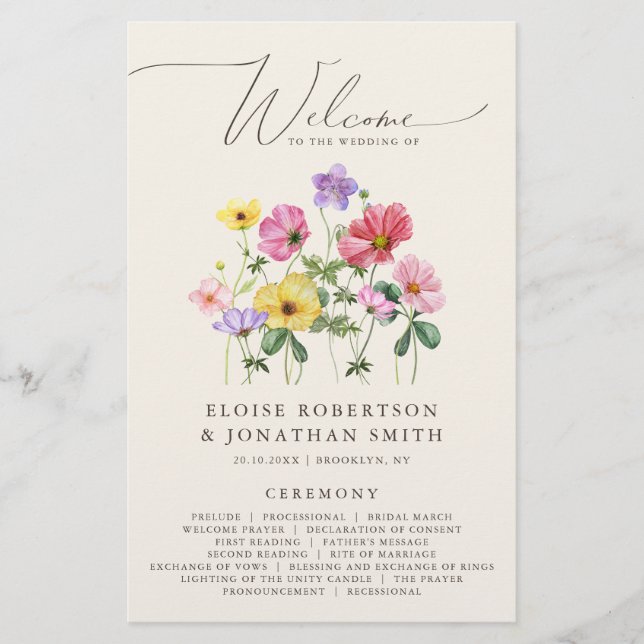 Wildblume Rustic Chic Floral Boho Hochzeitsprogram (Vorderseite)