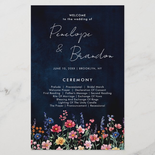 Wildblume Rustic Country Boho Hochzeitsprogramm (Vorderseite)