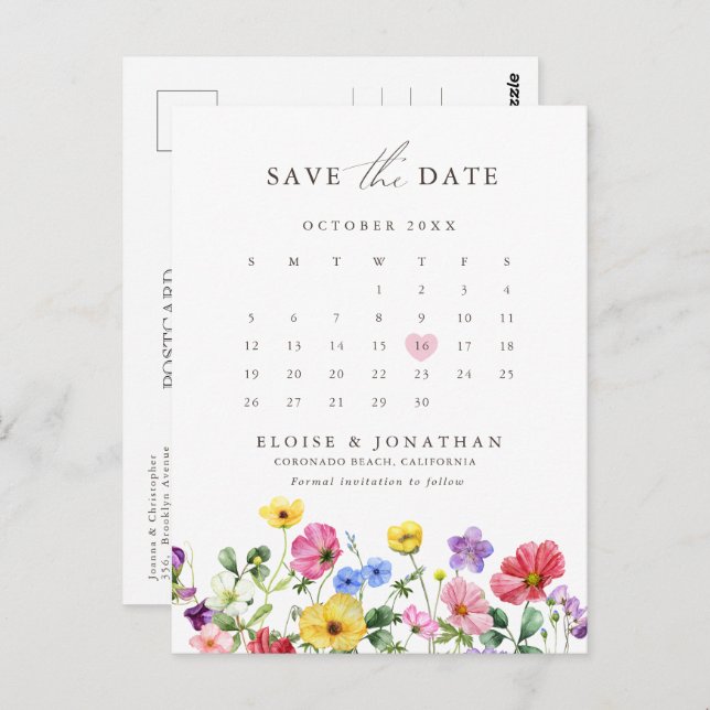 Wildblume Rustikaler Blumenkalender Save the Date Postkarte (Vorne/Hinten)