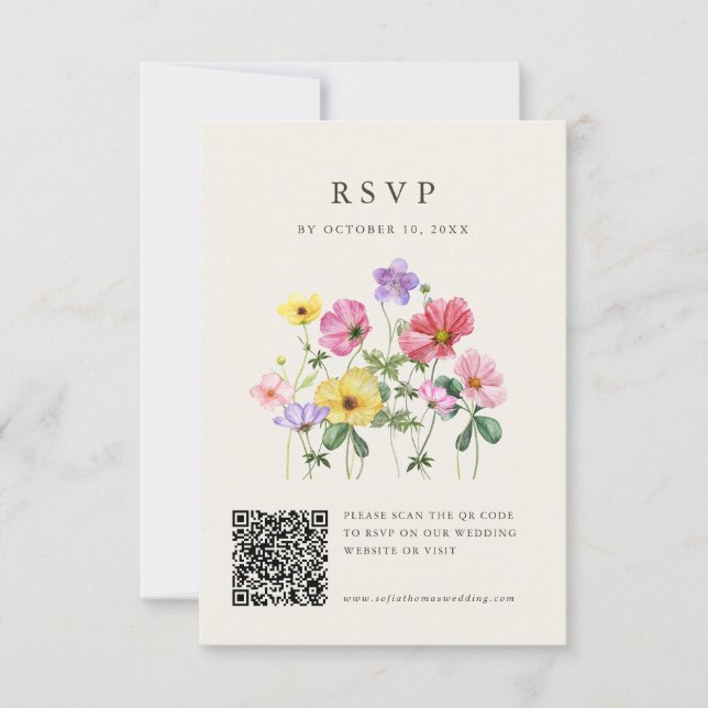 Wildblume Rustikaler Chic Floral Boho Foto QR Code RSVP Karte (Vorderseite)
