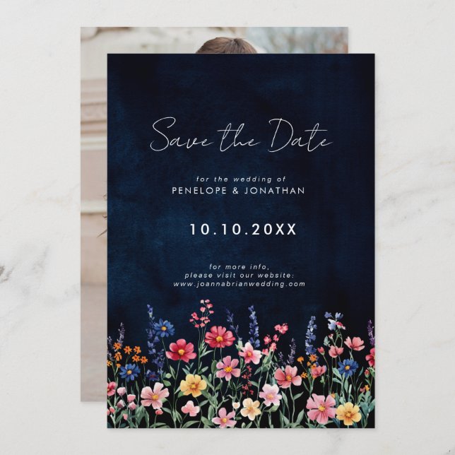 Wildblume Rustikales Boho Floral Navy Foto Save The Date (Vorne/Hinten)