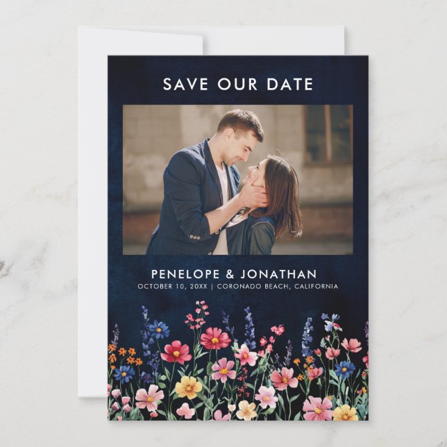 Wildblume Rustikales Boho Floral Navy Foto Save The Date (Vorderseite)