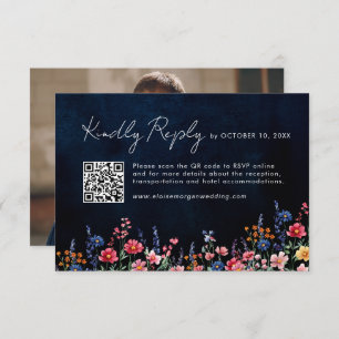 Wildblume Rustikales Boho Navy QR-Foto RSVP Karte