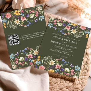 Wildblume Rustikales Land Grüne Hochzeit QR-Code Einladung