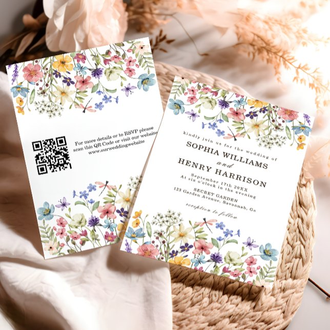 Wildblume Rustikales Land Hochzeit Moderner QR-Cod Einladung (Von Creator hochgeladen)
