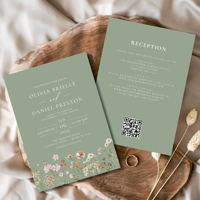 Wildblume Sage Green All in One QR Code Hochzeit Einladung (Von Creator hochgeladen)