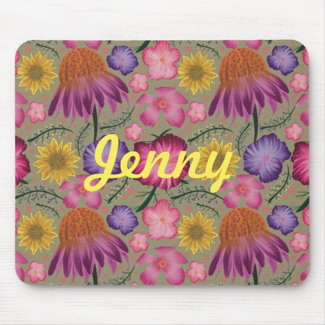 Wildblume Sage Green Floral Personalisiert Mousepad (Vorne)