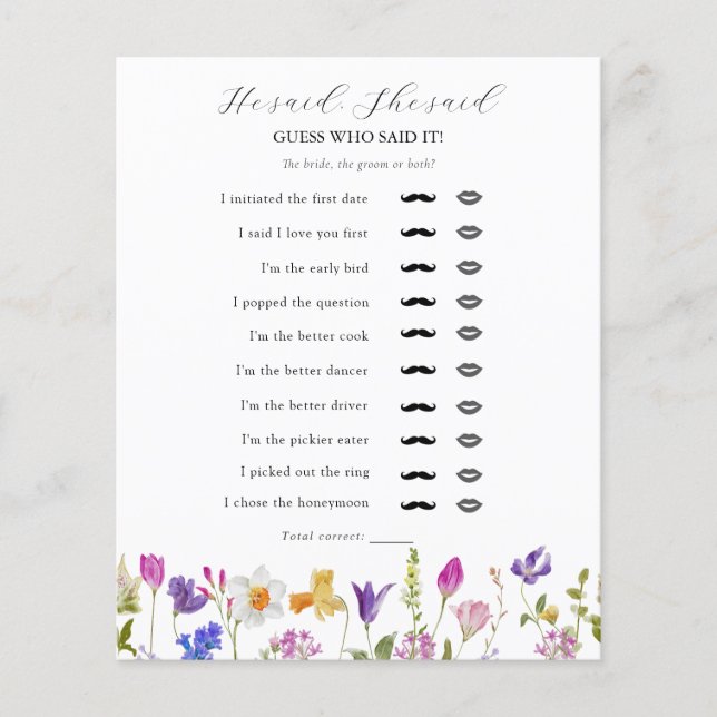 Wildblume sagte er, sie sagte Brautparty Game (Vorderseite)