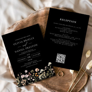Wildblume Schwarz Weiß Alles in Einem QR-Code Hoch Einladung