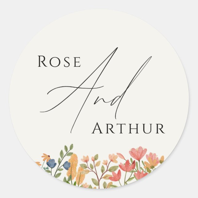 Wildblume Script Wedding Classic Round Sticker (Vorderseite)