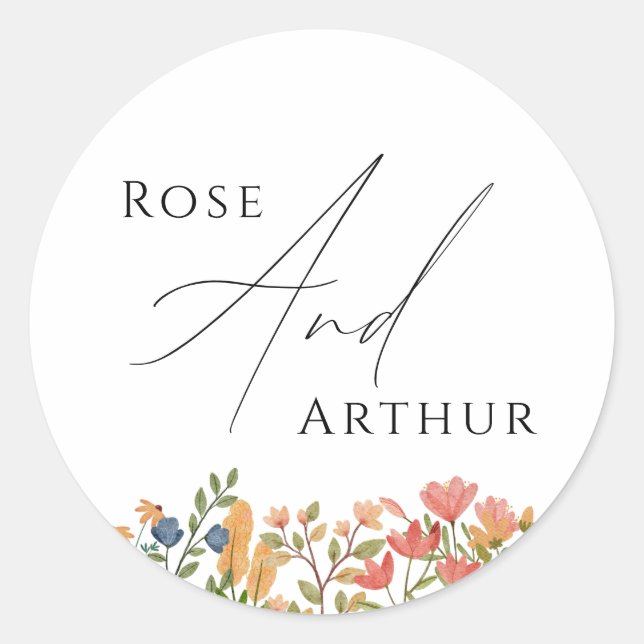 Wildblume Script Wedding Classic Round Sticker (Vorderseite)