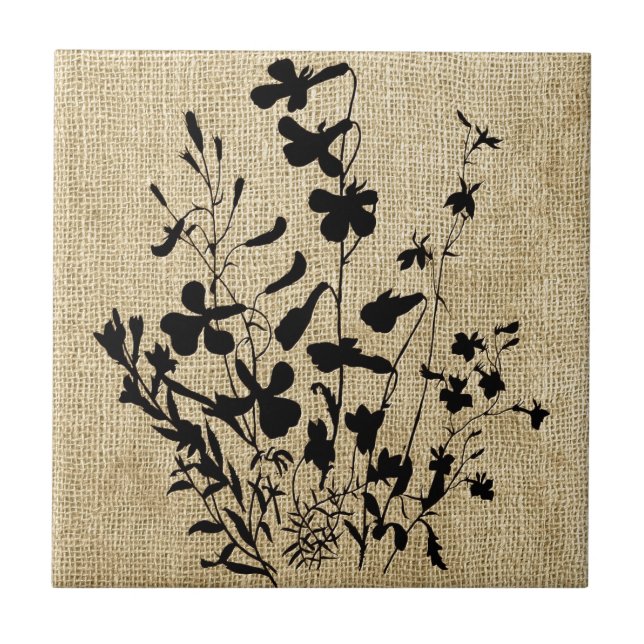 Wildblume Silhouette Burlap Fliese (Vorderseite)