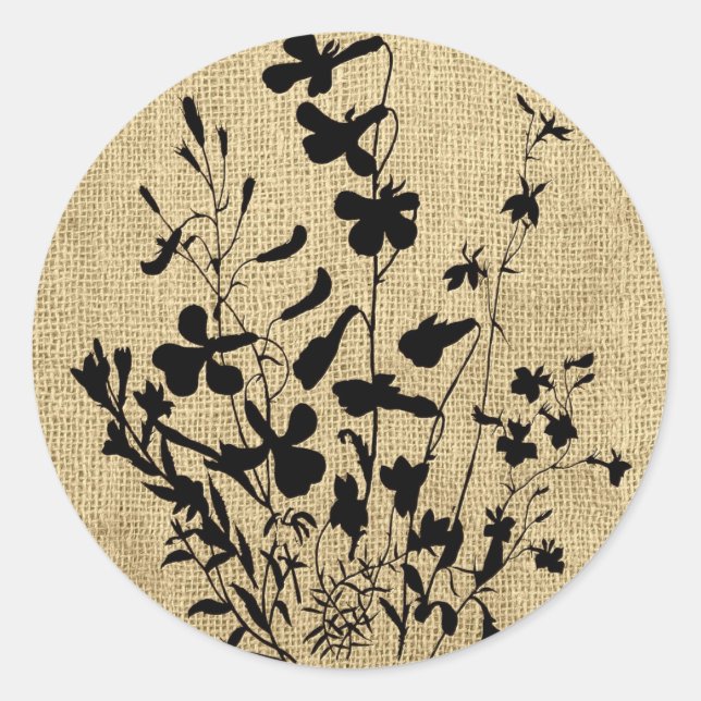 Wildblume Silhouette Burlap Runder Aufkleber (Vorderseite)