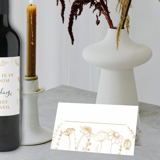Wildblume Sketch Einfache Blüte Platzkarte (Wedding Table Place Card in White & Gold, from my Wildflower Sketch collection)