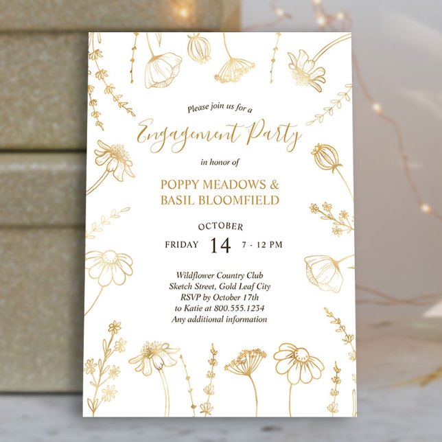 Wildblume Sketch Gold Blume Engagement Partei Einladung (Gold Wildflower Engagement Party Invite from my Engagement Party Invitations Collection)
