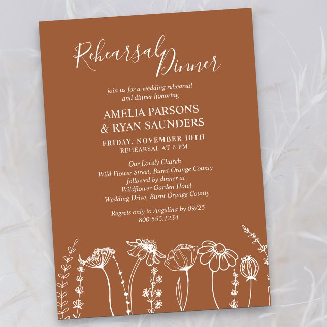 Wildblume Sketch Orange Hochzeit Probe Dinner Einladung (Rehearsal Dinner Invitation in Terracotta Burnt Orange, from my Wildflower Sketch collection)