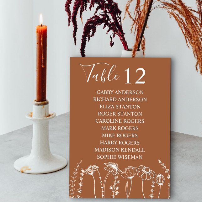Wildblume Sketch Orange Tischnummer Sitzplätze (Table Number with Guest Names in Terracotta Burnt Orange, from my Wildflower Sketch collection)