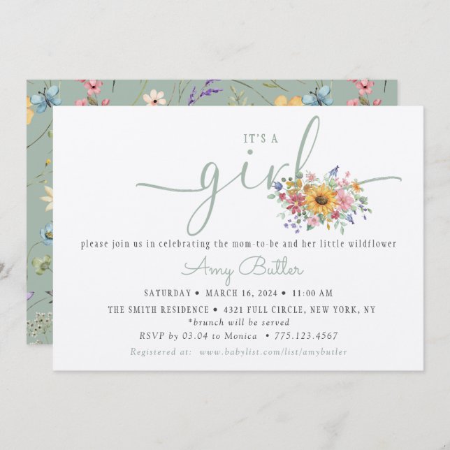 Wildblume Solid Green Duwer Book Einladung (Vorne/Hinten)