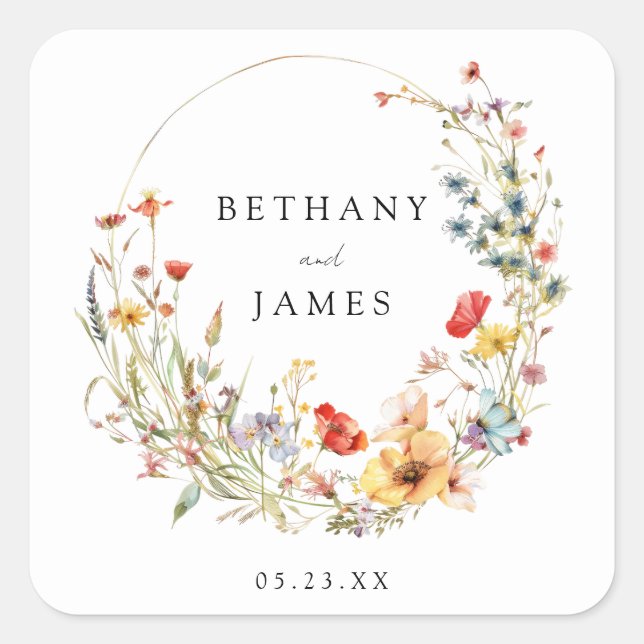 Wildblume Sommerhochzeit Quadratischer Aufkleber (Vorderseite)