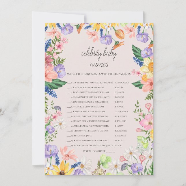 Wildblume Spring Celebrity Baby Names Game Card Einladung (Vorderseite)