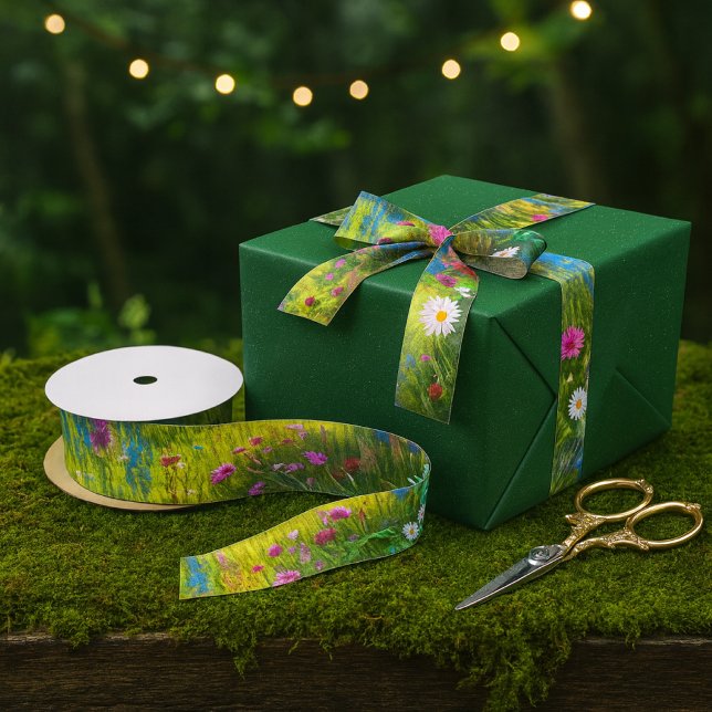 Wildblume Spring Meadow Craft Ribbon Satinband (Magical woodland fairy wedding gift, adorned with a delicate green floral ribbon and bow,)