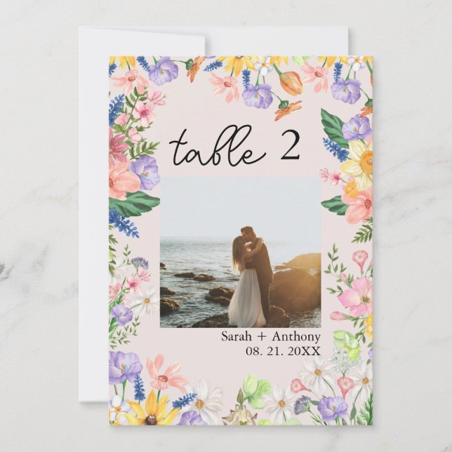 Wildblume Spring Wedding Foto Tischnummer Card (Vorderseite)