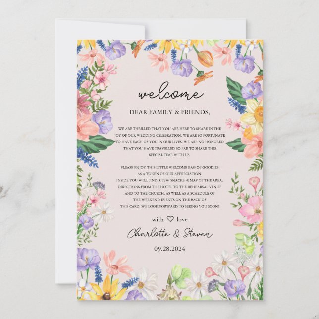 Wildblume Spring Welcome Letter & Timeline Card Einladung (Vorderseite)