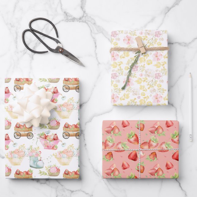 Wildblume Teacup Erdbeerfeld Kinderzimmer Geschenkpapier Set (Vorderseite)