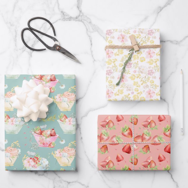 Wildblume Teacup Erdbeerfeld Kinderzimmer Geschenkpapier Set (Vorderseite)