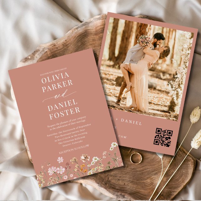Wildblume Terracotta Boho QR Code Foto Hochzeit Einladung (Von Creator hochgeladen)