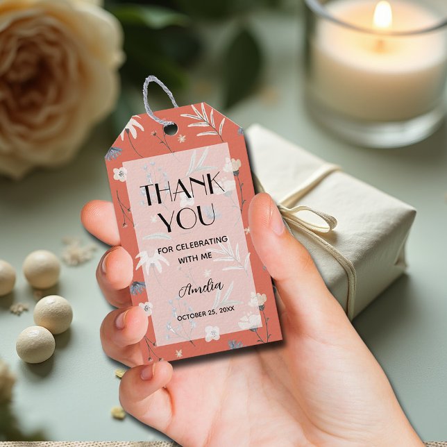 Wildblume Terracotta Kinderdusche Vielen Dank für  Geschenkanhänger (Wildflowers on terracotta gender neutral baby shower thank you favor tags)