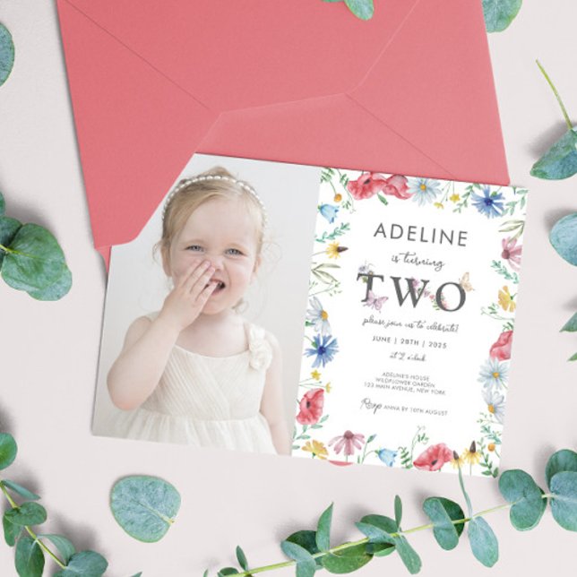 Wildblume Thema Girl 2. Geburtstag Niedliches Foto Einladung (2nd Birthday Wildflower Floral Invitation with photo Digital Download Cute Second Birthday Party)