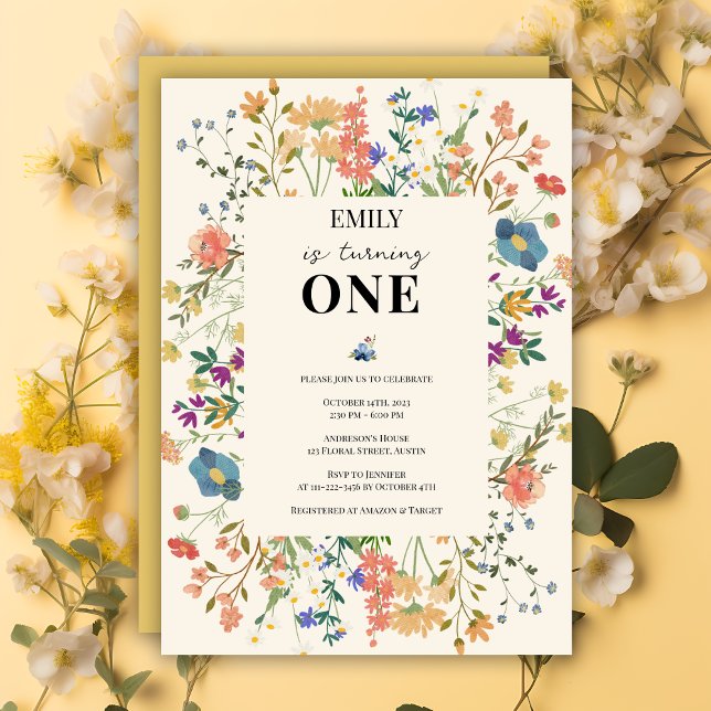 Wildblume Thema Girl Erster Geburtstag Einladung (Von Creator hochgeladen)