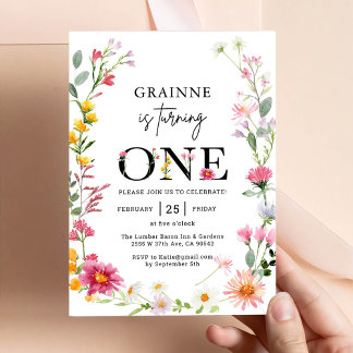 Wildblume Thema Mädchen 1. Geburtstag Einladung