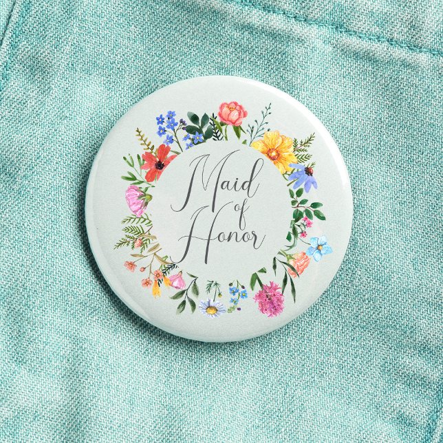 Wildblume Trauzeugin Skript Hochzeit Button (Maid of Honor Wildflower Watercolor Floral Wreath Wedding Button
)