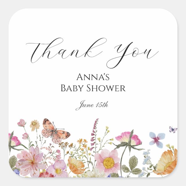 Wildblume und Schmetterlinge Baby Dusche Gefallen  Quadratischer Aufkleber (Vorderseite)