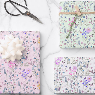 Wildblume und Schmetterlinge Blumengarten rosa Geschenkpapier Set