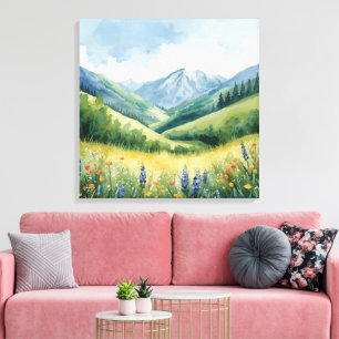 Wildblume Valley Landschaft - Serene Watercolor Pr Leinwanddruck