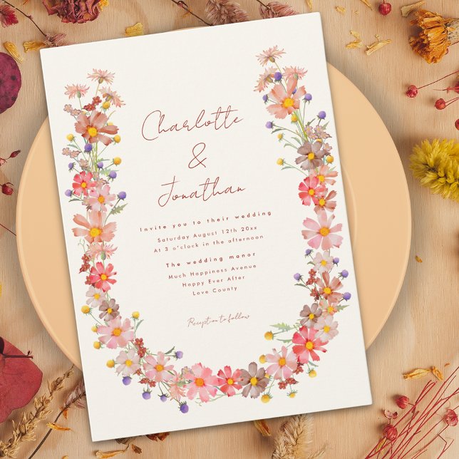 Wildblume verbrannte orange Hochzeit im Herbst Einladung (Boho wildflower wreath fall wedding invitation with burnt orange dried flowers)