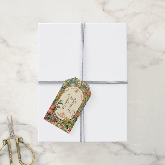 Wildblume Viktorianische Verzierte Grenzhochzeit Geschenkanhänger (Mit Garn)